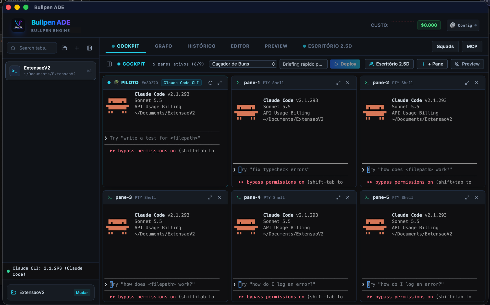 Cockpit Multi-Painéis com 6 agentes Claude Code em paralelo